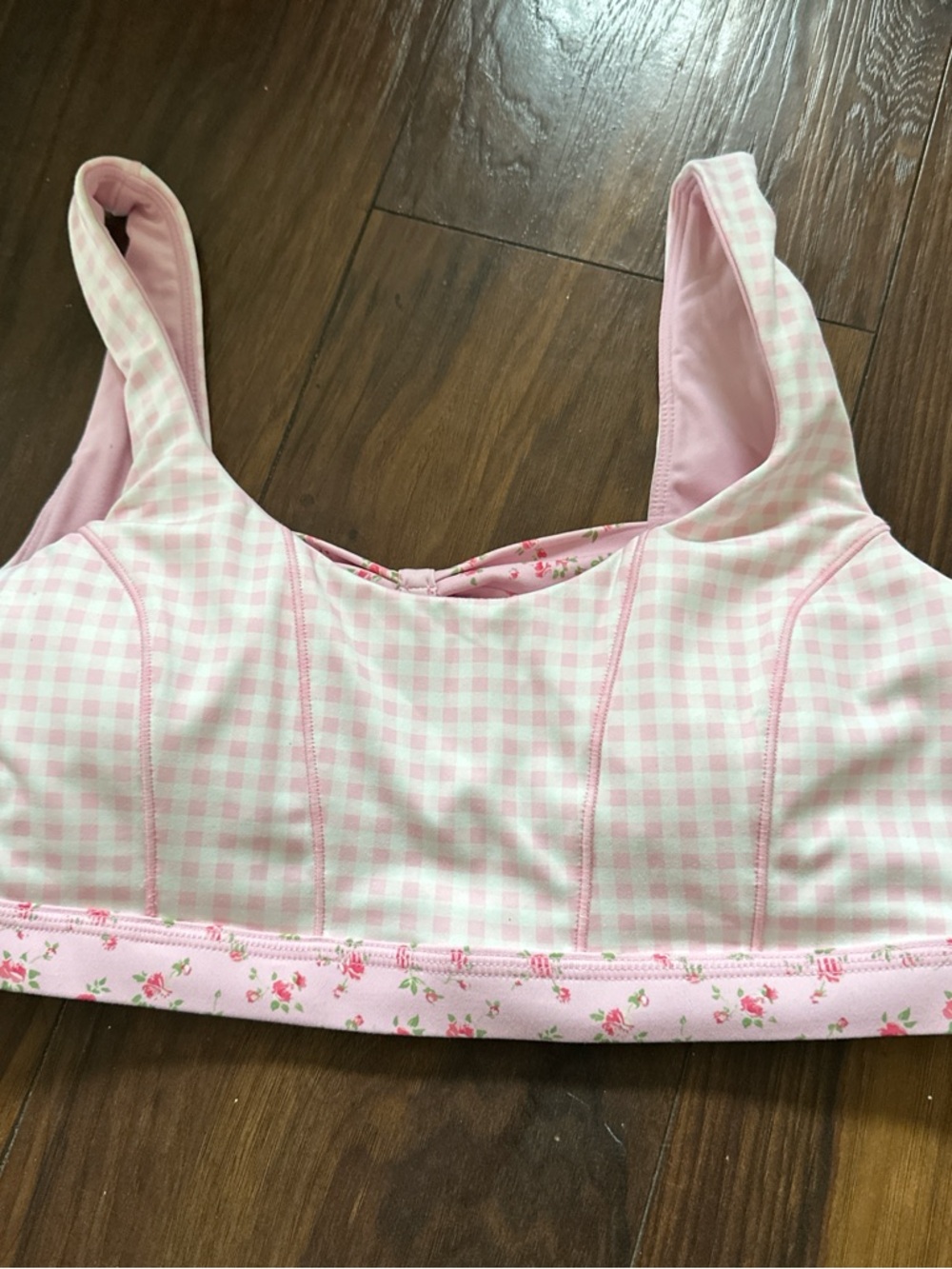 Soft Pink Gingham Wireless Crop Bra with Floral Trim